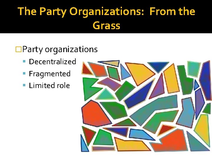 The Party Organizations: From the Grass �Party organizations Decentralized Fragmented Limited role 