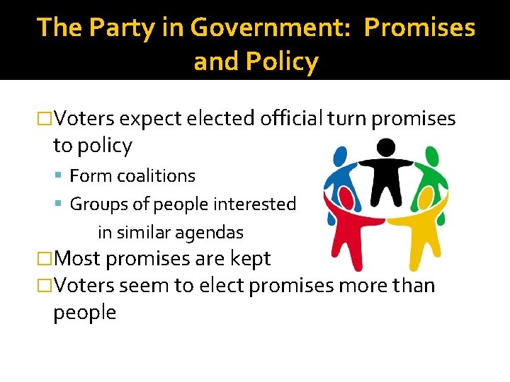 The Party in Government: Promises and Policy �Voters expect elected official turn promises to