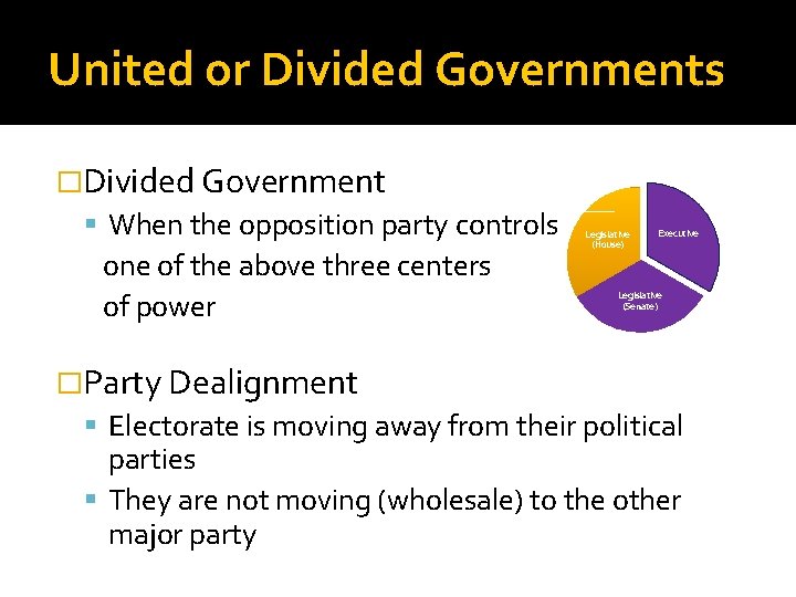 United or Divided Governments �Divided Government When the opposition party controls one of the