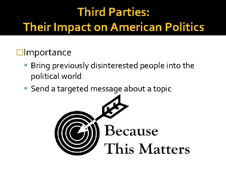 Third Parties: Their Impact on American Politics �Importance Bring previously disinterested people into the