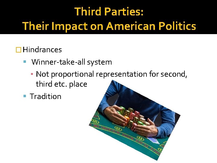 Third Parties: Their Impact on American Politics � Hindrances Winner-take-all system ▪ Not proportional