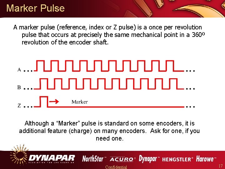 Marker Pulse A marker pulse (reference, index or Z pulse) is a once per
