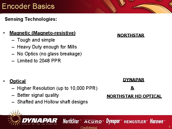 Encoder Basics Sensing Technologies: • Magnetic (Magneto-resistive) – Tough and simple – Heavy Duty