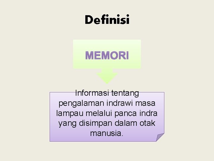 Definisi MEMORI Informasi tentang pengalaman indrawi masa lampau melalui panca indra yang disimpan dalam