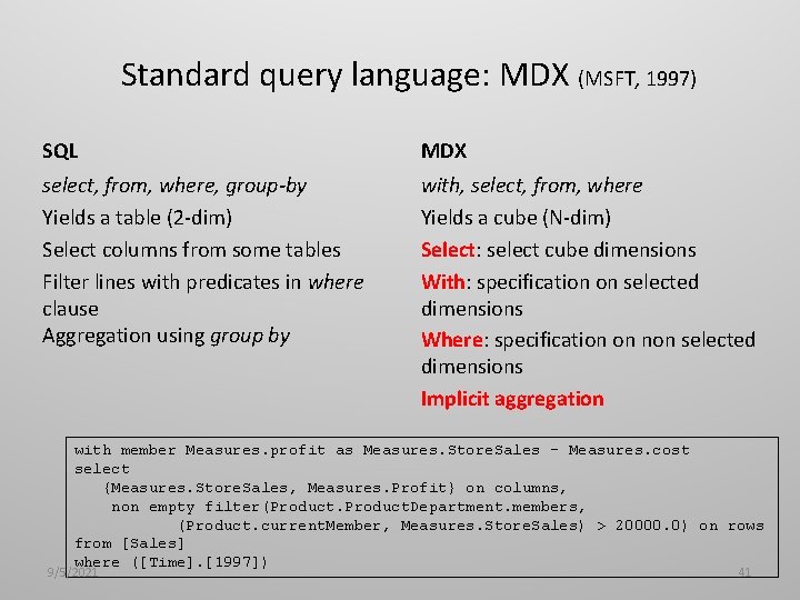 Standard query language: MDX (MSFT, 1997) SQL MDX select, from, where, group-by Yields a