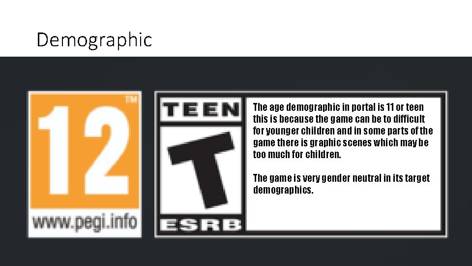 Demographic The age demographic in portal is 11 or teen this is because the