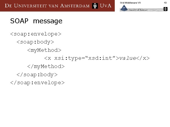 Grid Middleware VII SOAP message <soap: envelope> <soap: body> <my. Method> <x xsi: type=“xsd: