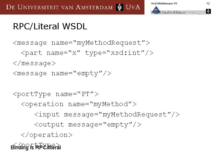 Grid Middleware VII RPC/Literal WSDL <message name=“my. Method. Request”> <part name=“x” type=“xsd: int”/> </message>