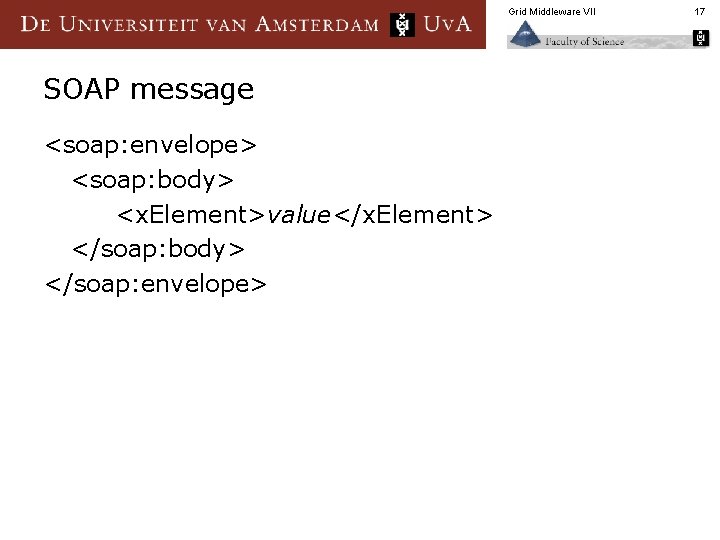 Grid Middleware VII SOAP message <soap: envelope> <soap: body> <x. Element>value</x. Element> </soap: body>