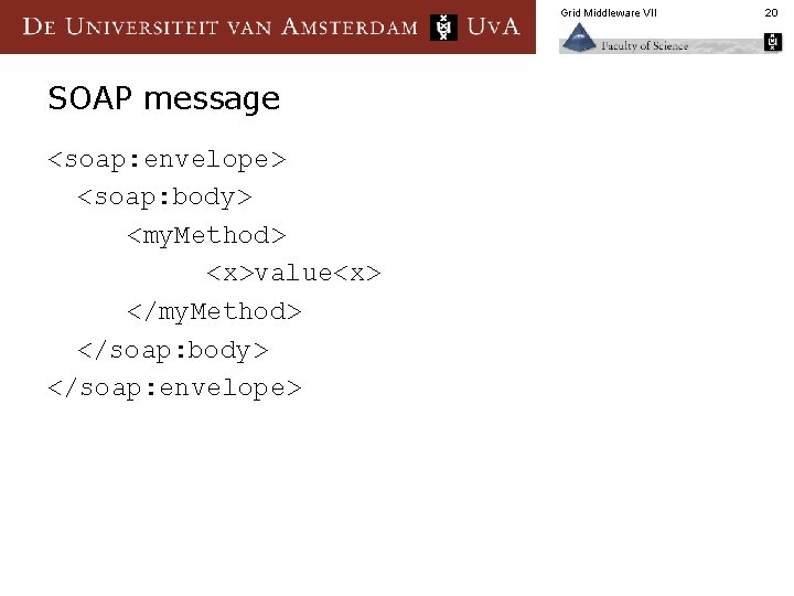 Grid Middleware VII SOAP message <soap: envelope> <soap: body> <my. Method> <x>value<x> </my. Method>