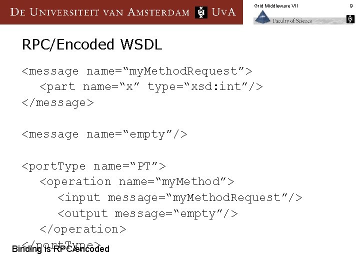 Grid Middleware VII RPC/Encoded WSDL <message name=“my. Method. Request”> <part name=“x” type=“xsd: int”/> </message>