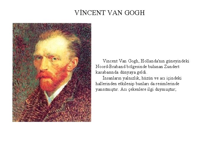 VİNCENT VAN GOGH Vincent Van Gogh, Hollanda'nın güneyindeki Noord Braband bölgesinde bulunan Zundert kasabasında