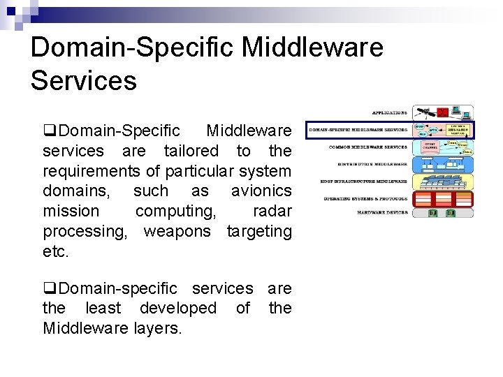 Domain-Specific Middleware Services q. Domain-Specific Middleware services are tailored to the requirements of particular