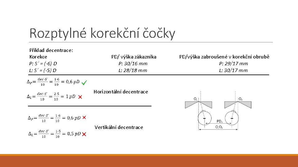 Rozptylné korekční čočky Příklad decentrace: Korekce P: S´ = (-6) D L: S´ =