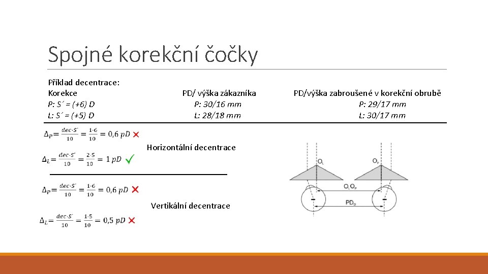 Spojné korekční čočky Příklad decentrace: Korekce P: S´ = (+6) D L: S´ =