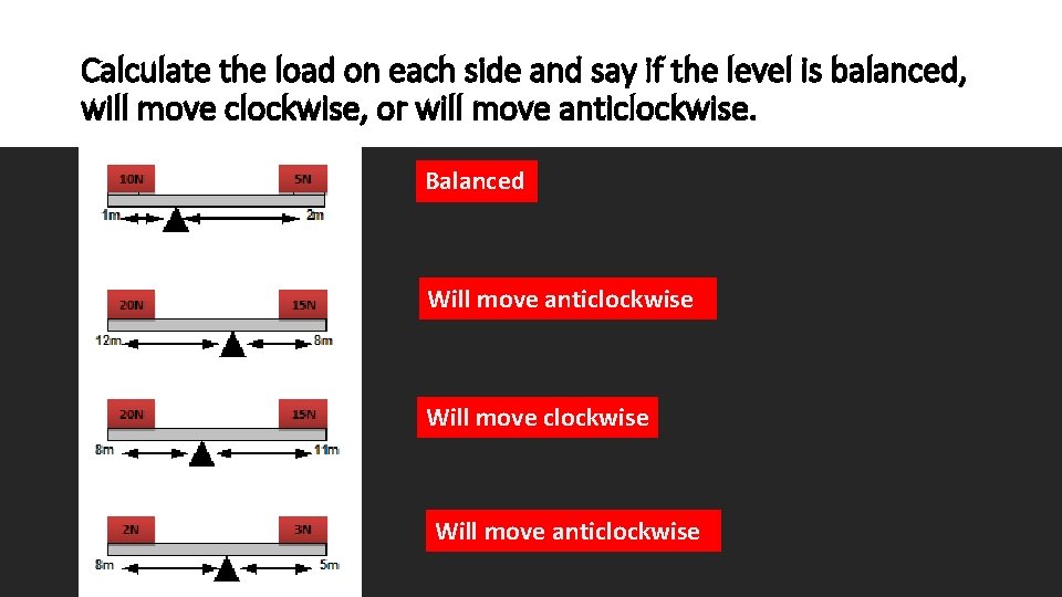 Calculate the load on each side and say if the level is balanced, will