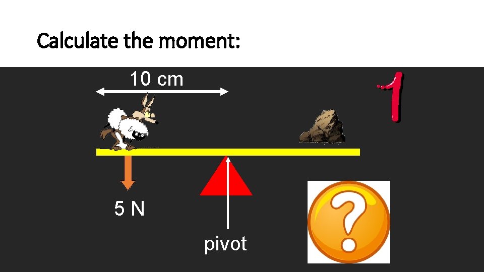 Calculate the moment: 10 cm 5 N pivot 50 N cm 