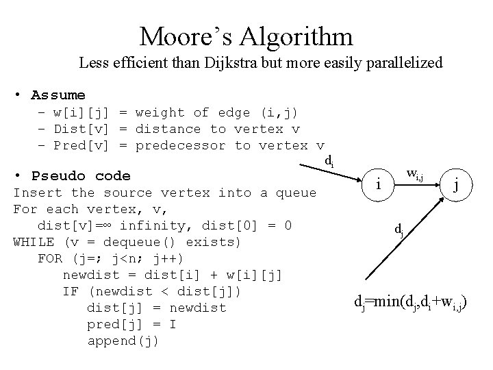 Moore’s Algorithm Less efficient than Dijkstra but more easily parallelized • Assume – w[i][j]