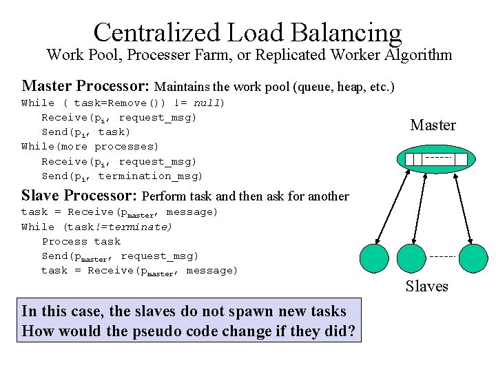 Centralized Load Balancing Work Pool, Processer Farm, or Replicated Worker Algorithm Master Processor: Maintains