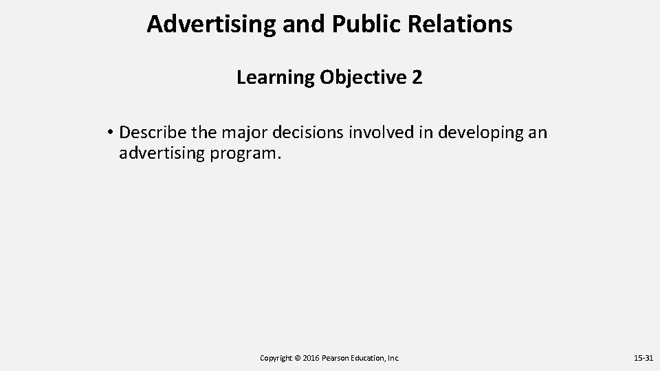 Advertising and Public Relations Learning Objective 2 • Describe the major decisions involved in