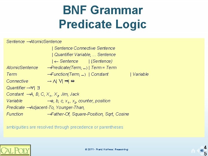 BNF Grammar Predicate Logic Sentence →Atomic. Sentence | Sentence Connective Sentence | Quantifier Variable,