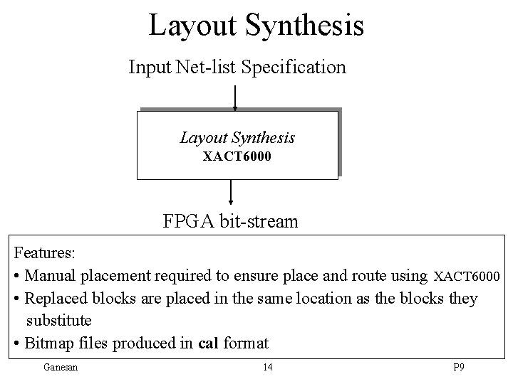 Layout Synthesis Input Net-list Specification Layout Synthesis XACT 6000 FPGA bit-stream Features: • Manual