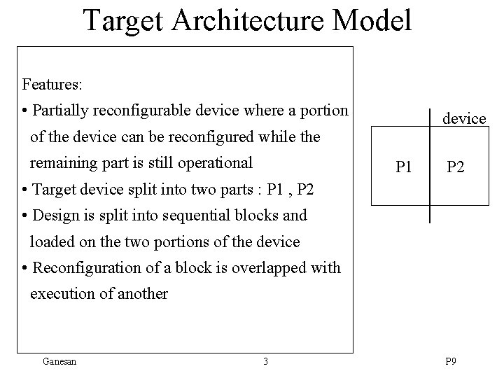 Target Architecture Model Features: • Partially reconfigurable device where a portion device of the