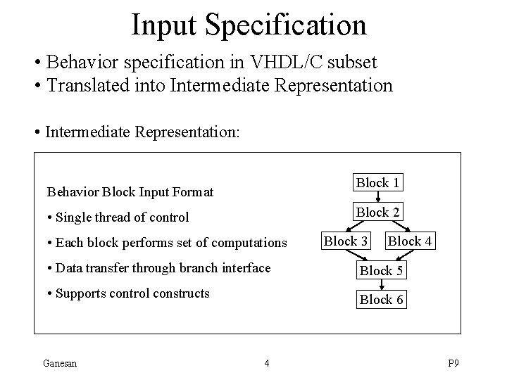 Input Specification • Behavior specification in VHDL/C subset • Translated into Intermediate Representation •