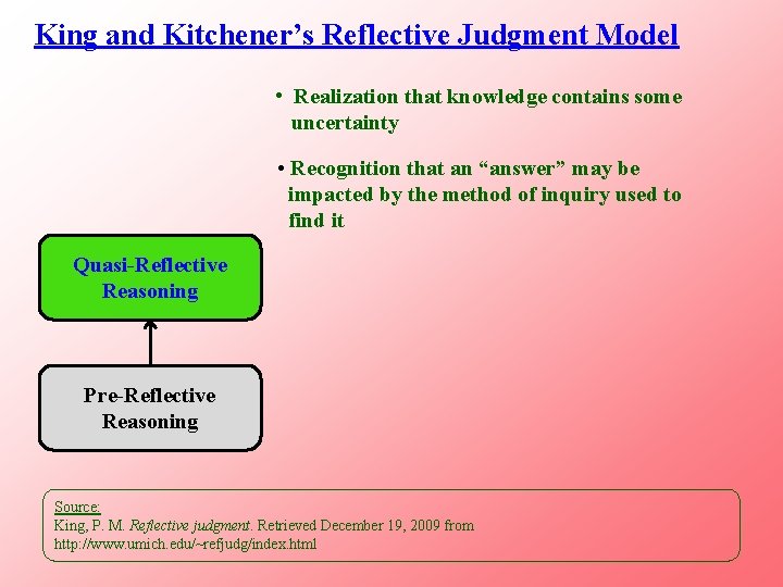 King and Kitchener’s Reflective Judgment Model • Realization that knowledge contains some uncertainty •