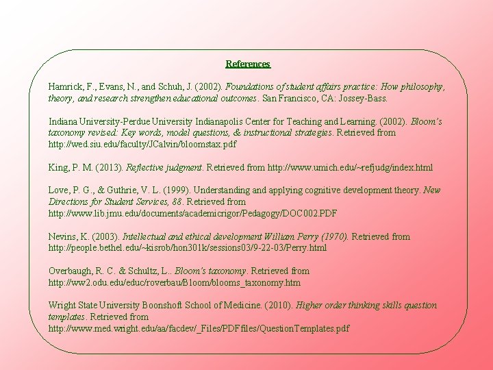 References Hamrick, F. , Evans, N. , and Schuh, J. (2002). Foundations of student