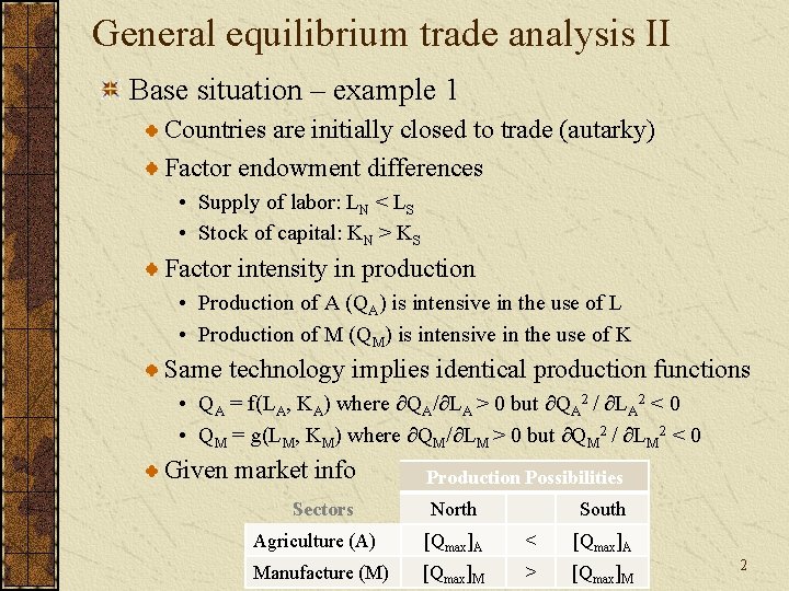General equilibrium trade analysis II Base situation – example 1 Countries are initially closed