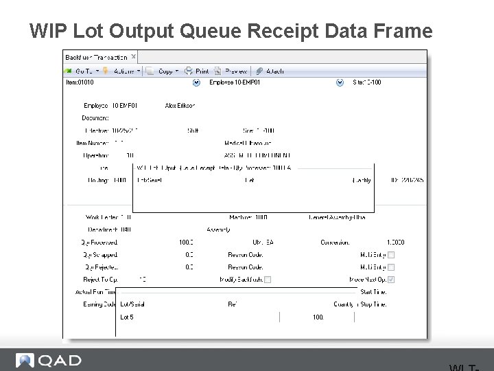WIP Lot Output Queue Receipt Data Frame 