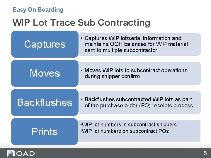 Easy On Boarding WIP Lot Trace Sub Contracting Captures • Captures WIP lot/serial information