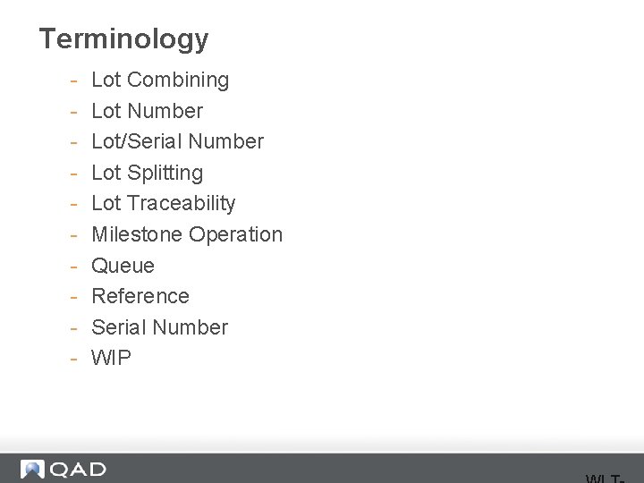 Terminology - Lot Combining Lot Number Lot/Serial Number Lot Splitting Lot Traceability Milestone Operation