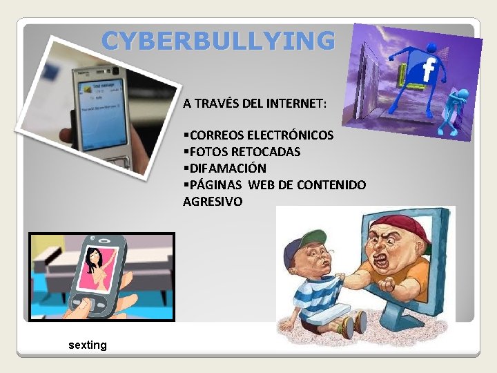 CYBERBULLYING A TRAVÉS DEL INTERNET: §CORREOS ELECTRÓNICOS §FOTOS RETOCADAS §DIFAMACIÓN §PÁGINAS WEB DE CONTENIDO