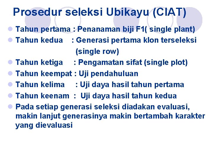 Prosedur seleksi Ubikayu (CIAT) l Tahun pertama : Penanaman biji F 1( single plant)