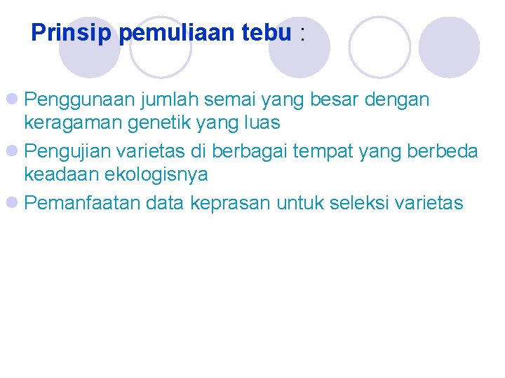 Prinsip pemuliaan tebu : l Penggunaan jumlah semai yang besar dengan keragaman genetik yang