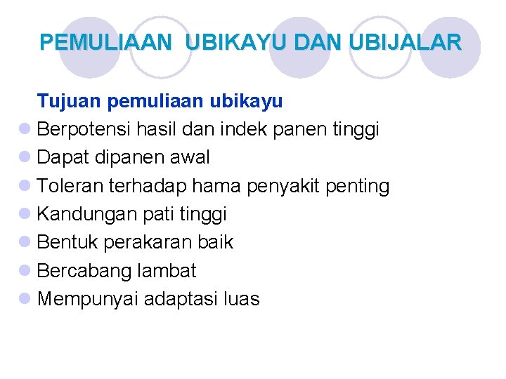 PEMULIAAN UBIKAYU DAN UBIJALAR Tujuan pemuliaan ubikayu l Berpotensi hasil dan indek panen tinggi