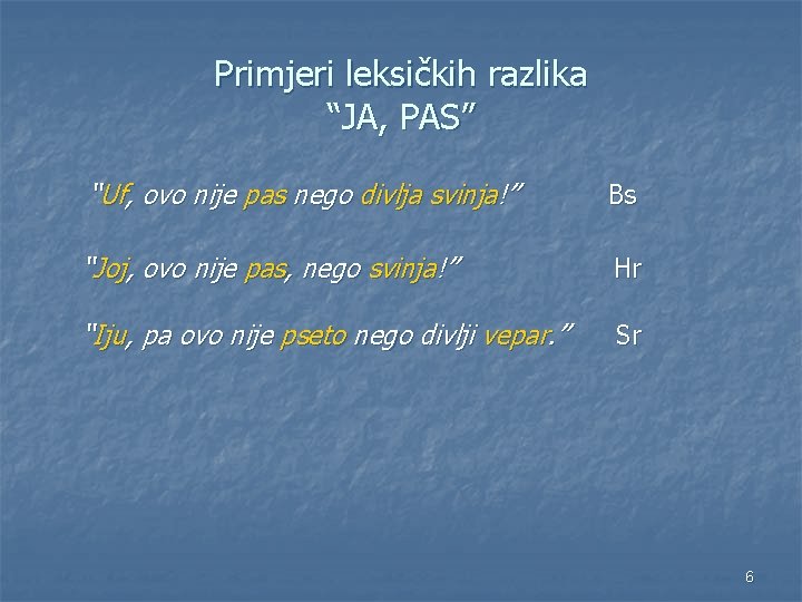 Primjeri leksičkih razlika “JA, PAS” “Uf, ovo nije pas nego divlja svinja!” Bs “Joj,