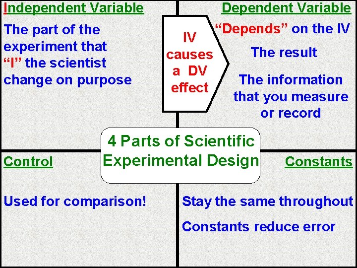 Independent Variable The part of the experiment that “I” the scientist change on purpose