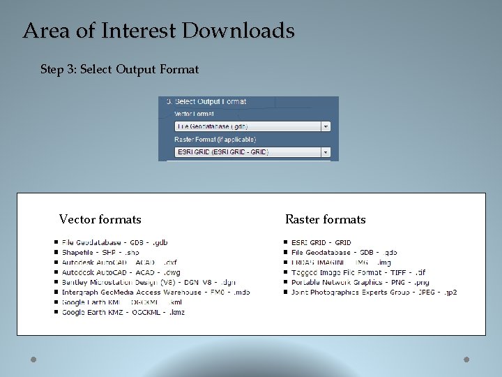 Area of Interest Downloads Step 3: Select Output Format Vector formats Raster formats 