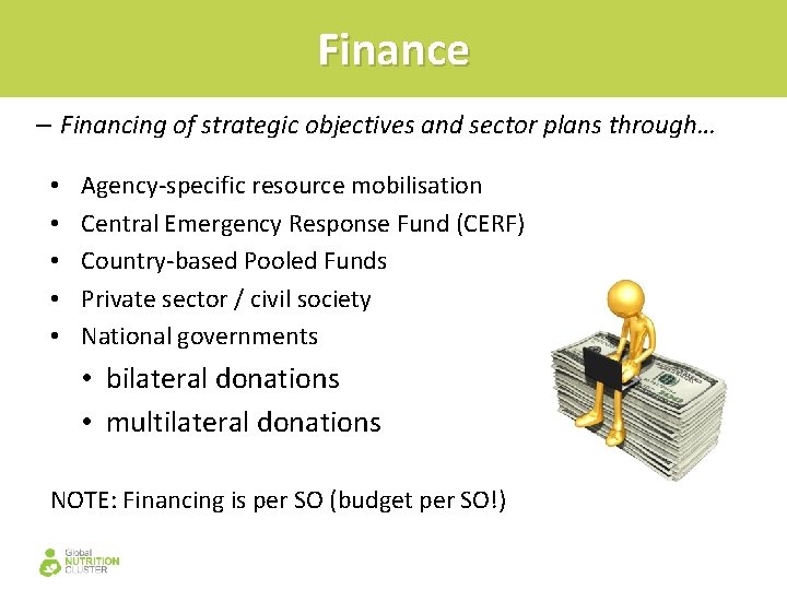 Finance – Financing of strategic objectives and sector plans through… • • • Agency-specific