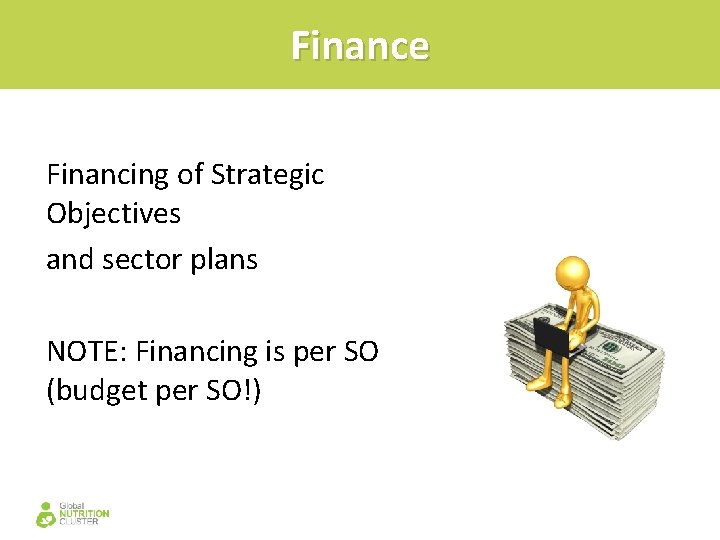 Finance Financing of Strategic Objectives and sector plans NOTE: Financing is per SO (budget