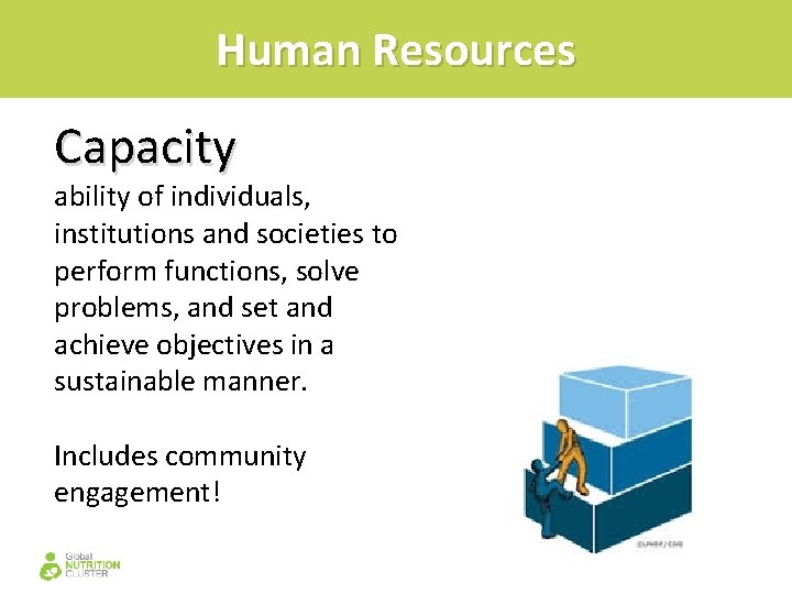 Human Resources Capacity ability of individuals, institutions and societies to perform functions, solve problems,
