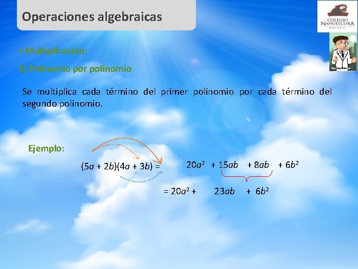 Operaciones algebraicas • Multiplicación: 3) Polinomio por polinomio Se multiplica cada término del primer