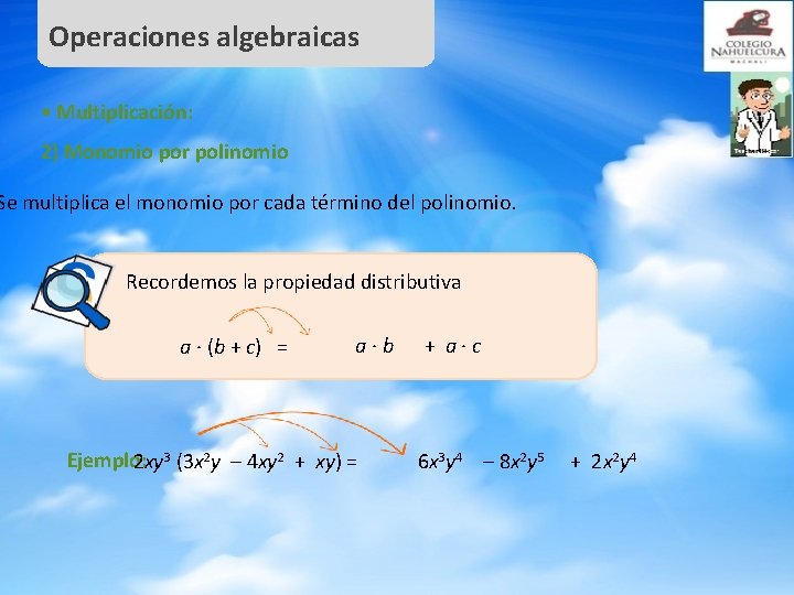 Operaciones algebraicas • Multiplicación: 2) Monomio por polinomio Se multiplica el monomio por cada