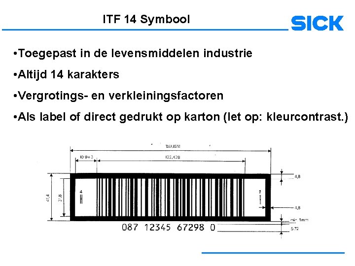 ITF 14 Symbool • Toegepast in de levensmiddelen industrie • Altijd 14 karakters •
