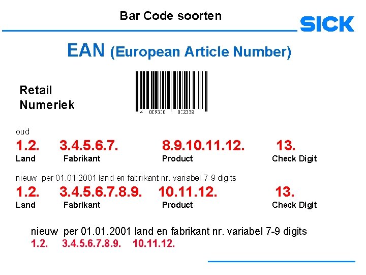 Bar Code soorten EAN (European Article Number) Retail Numeriek oud 1. 2. Land 3.