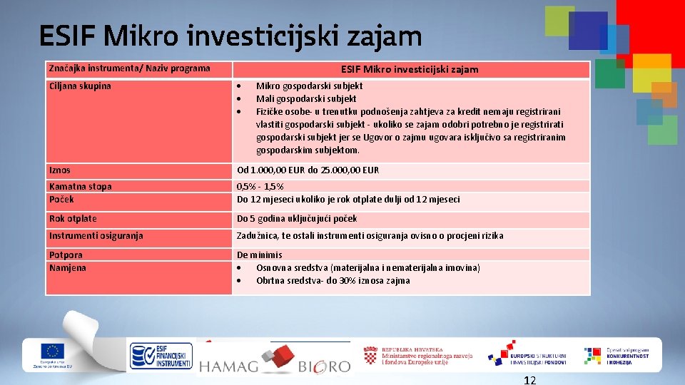 ESIF Mikro investicijski zajam Značajka instrumenta/ Naziv programa ESIF Mikro investicijski zajam Ciljana skupina