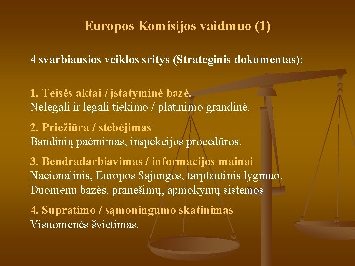 Europos Komisijos vaidmuo (1) 4 svarbiausios veiklos sritys (Strateginis dokumentas): 1. Teisės aktai /